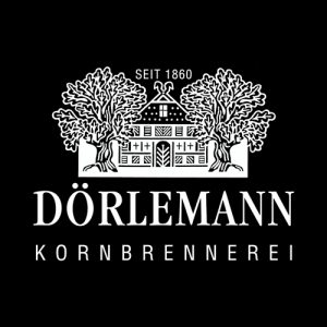 Dörlemann Logobild, Kornbrennerei, abgebildetes Haus zwischen zwei Bäumen, schwarzer Hintergrund, rangezoomt