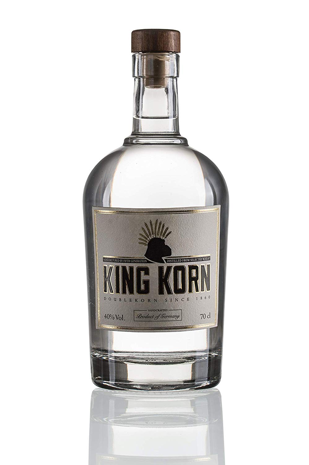 King Korn DoubleKorn Flasche 70cl aus Glas mit Korkenverschluss, nach unten verspiegelt
